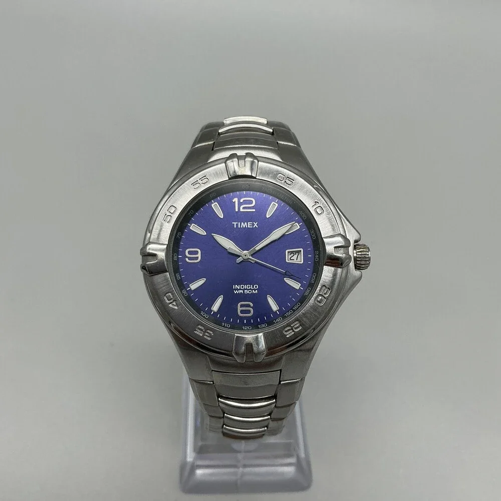 Timex Indiglo WR 50M Mens Watch 39mm Blue Dial Silver Tone Date New Battery 7